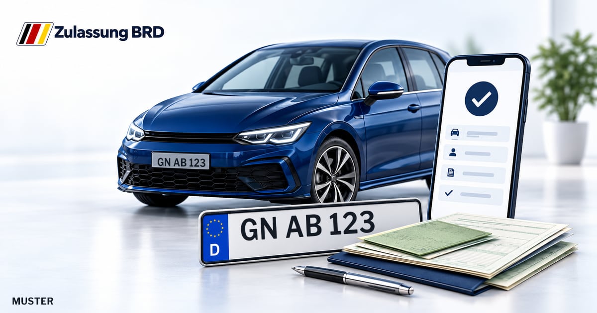 Online Fahrzeugzulassung in Biebergemünd: Musterkennzeichen GN AB 123, Auto und Fahrzeugpapiere und Smartphone. Illustration mit Logo von Zulassung BRD.